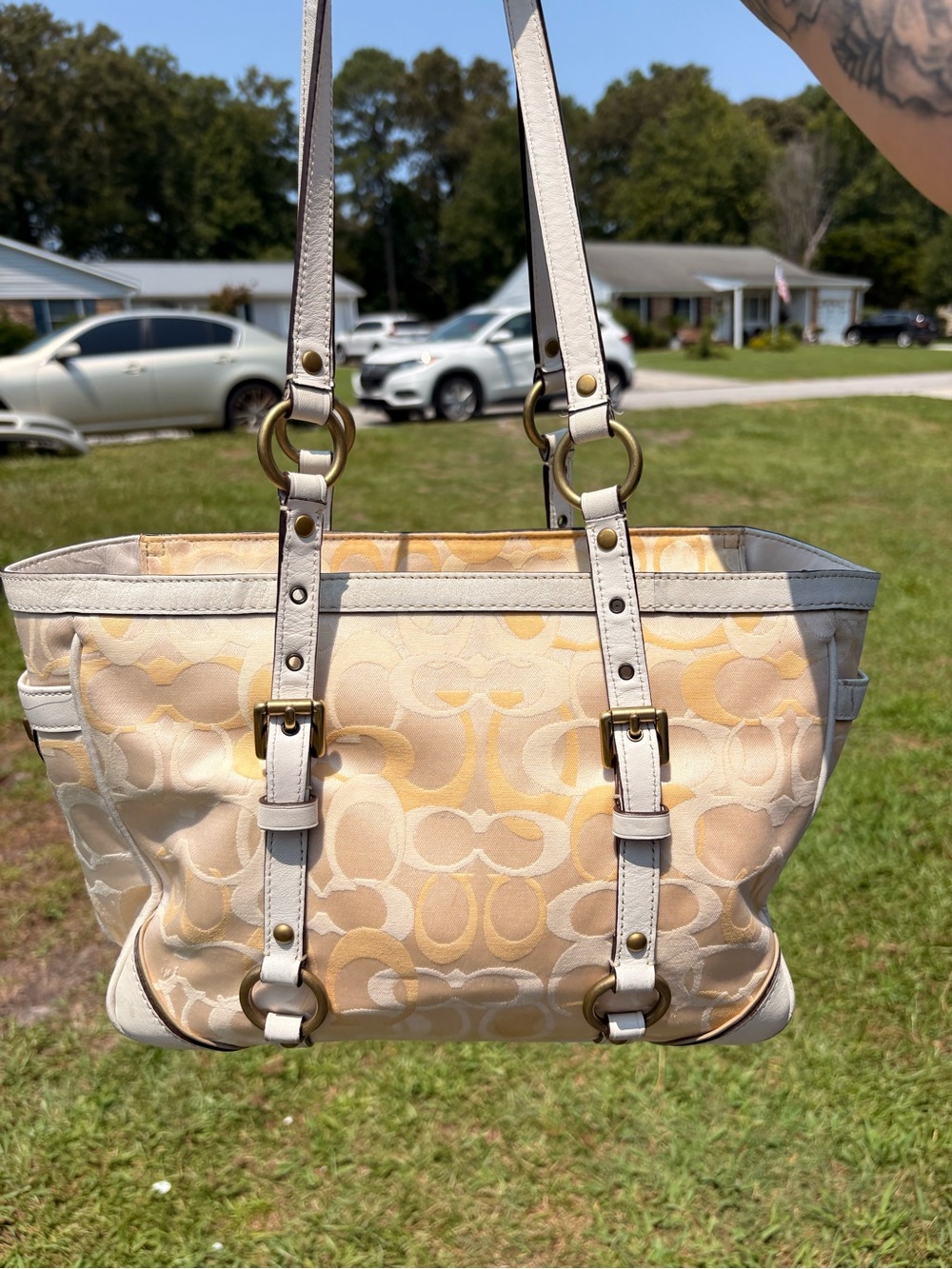 Coach Beige and Cream Signature Jacquard Tote small flaw shown in photo